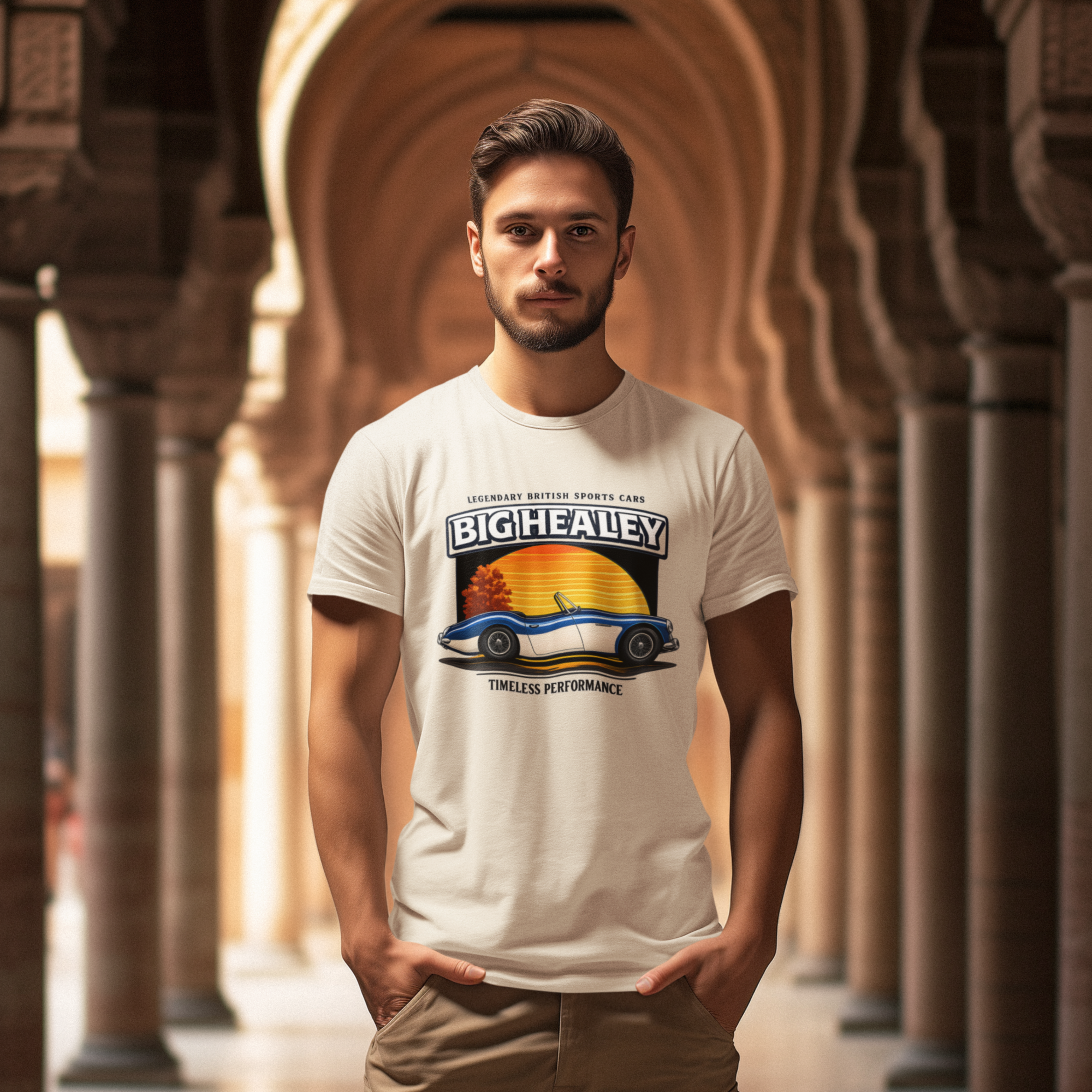 Man wearing a Big Healey graphic natural colored t-shirt featuring a blue and white Austin Healey roadster with retro sunset artwork and vintage British sports car in a temple hallway.