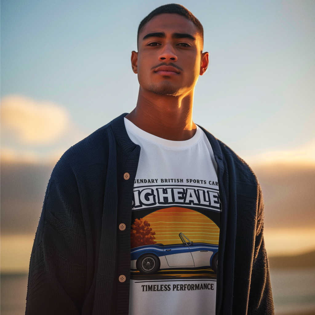 Man wearing a Big Healey graphic white colored t-shirt featuring a blue and white Austin Healey roadster with retro sunset artwork and vintage British sports car on a sunset background