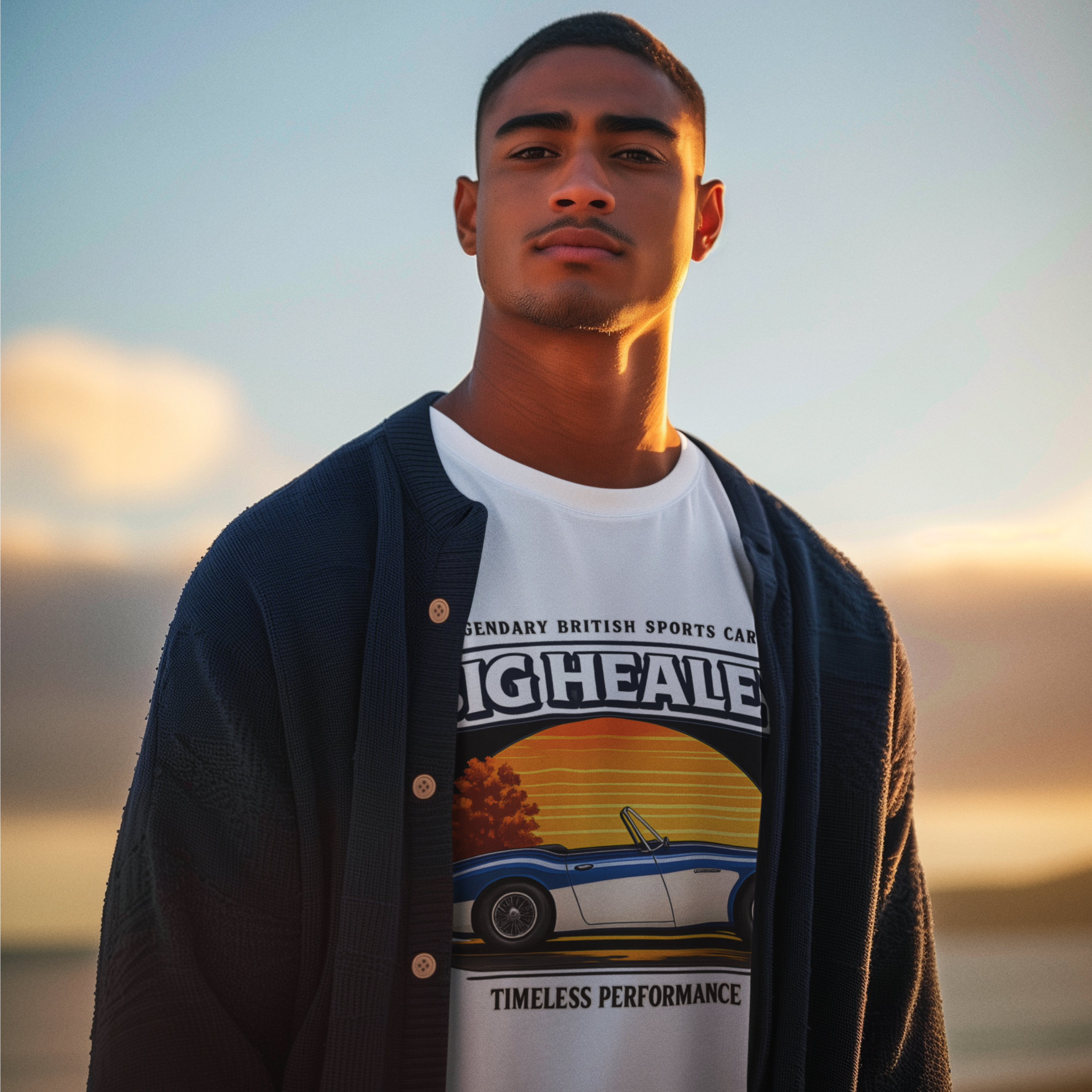 Man wearing a Big Healey graphic white colored t-shirt featuring a blue and white Austin Healey roadster with retro sunset artwork and vintage British sports car on a sunset background
