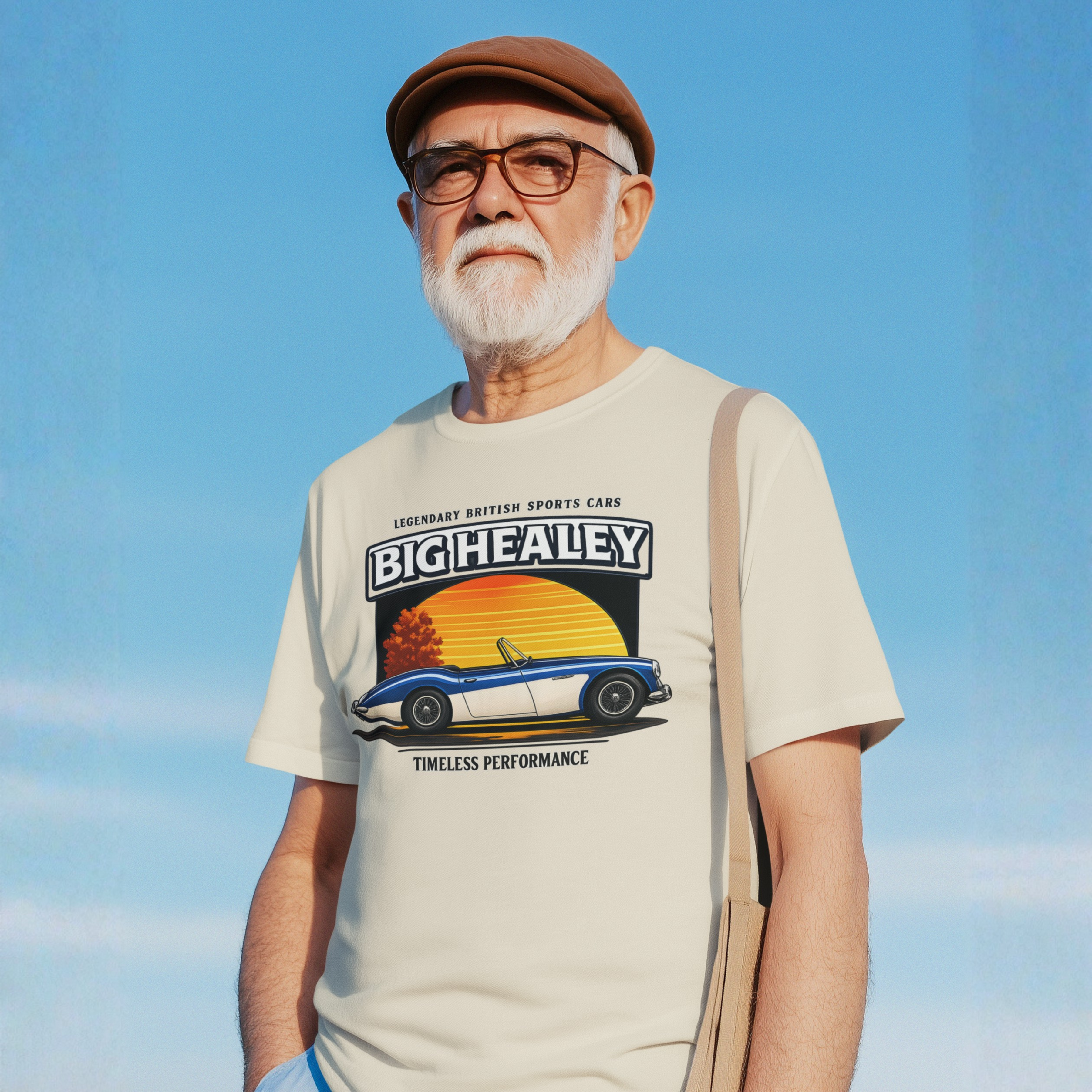Man wearing a Big Healey graphic white colored t-shirt featuring a blue and white Austin Healey roadster with retro sunset artwork and vintage British sports car on a blue sky background