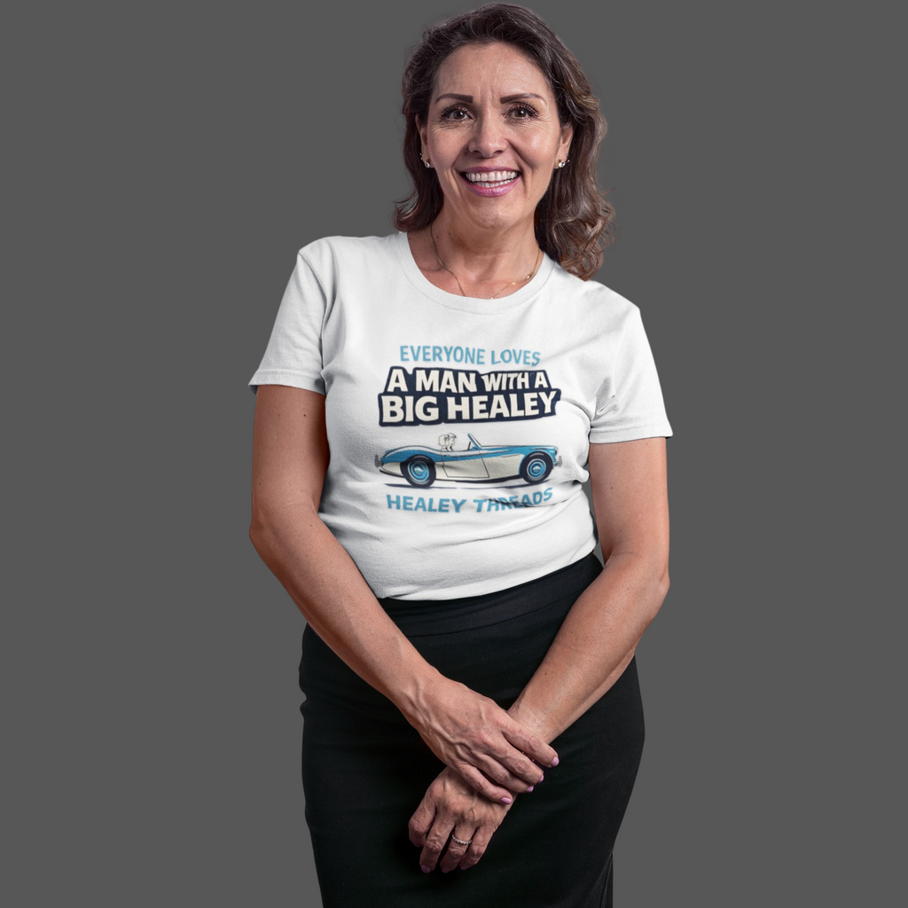 Woman wearing a white t-shirt with a Healey graphic and text on a gray background