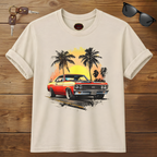 Natural t-shirt with a graphic of a classic car and palm trees on a wooden background