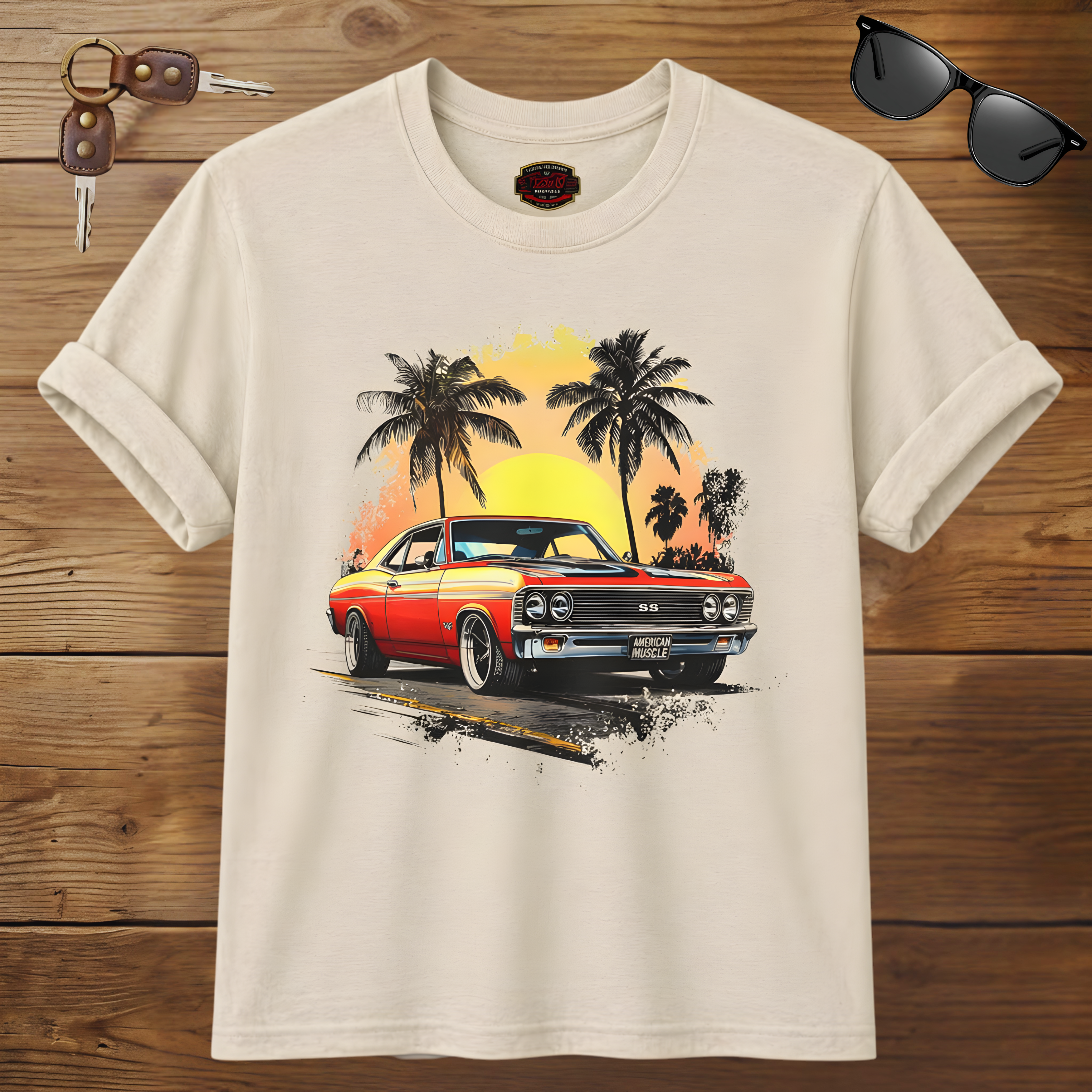 Natural t-shirt with a graphic of a classic car and palm trees on a wooden background