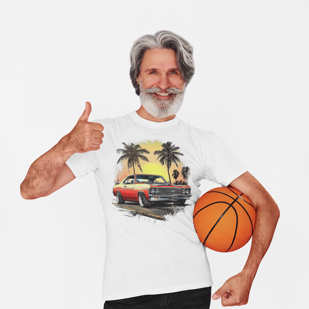 Man wearing a white t-shirt with a classic car and palm tree design, holding a basketball.