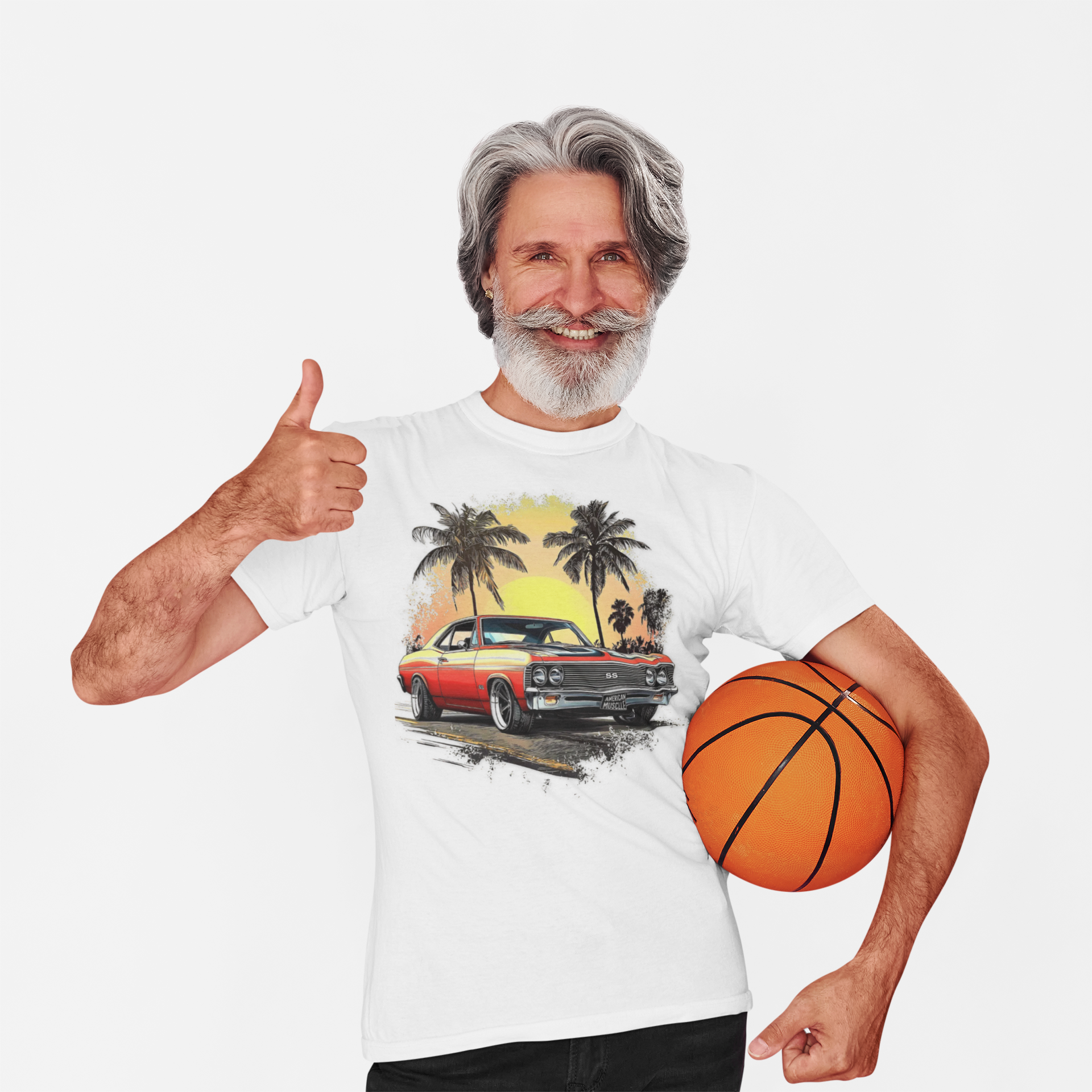 Man wearing a white t-shirt with a classic car and palm tree design, holding a basketball.