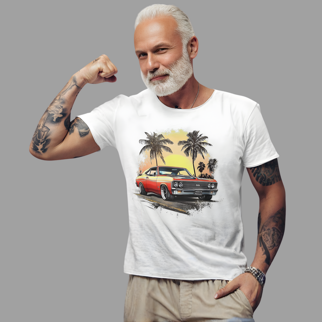 Man wearing a white t-shirt with a graphic of a classic car and palm trees, flexing his arm on a gray background.