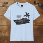 Light blue t-shirt with black muscle car graphic and 'American Muscle' text on a wooden surface.