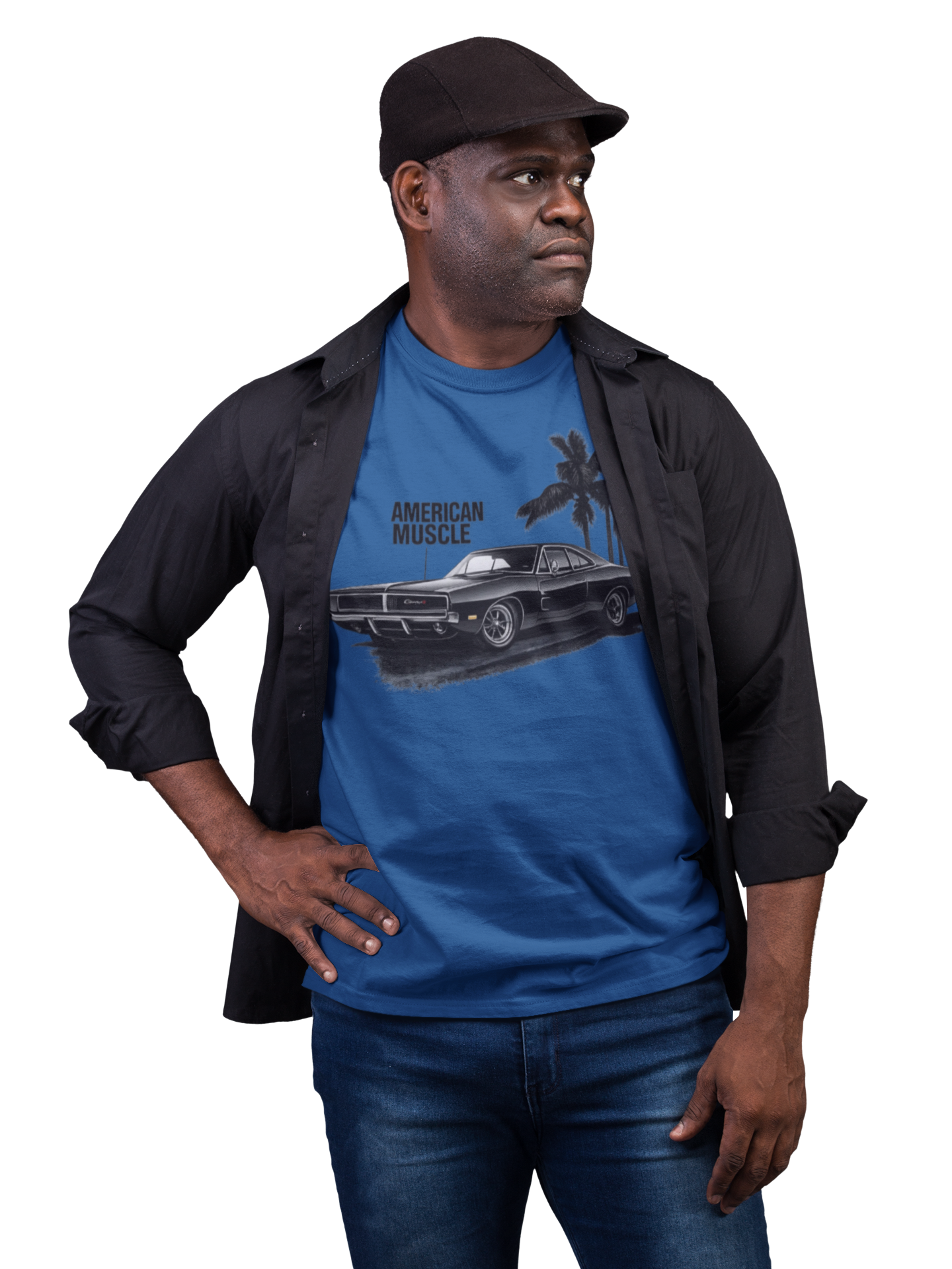 Man wearing a royal blue t-shirt with a graphic design and text, black jacket, and jeans on a white background