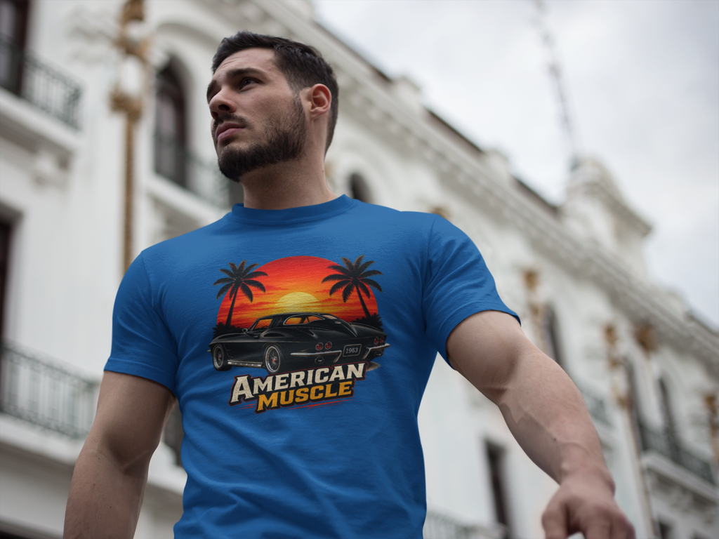 Man wearing a  royal blue t-shirt with 'American Muscle' graphic design in an urban setting