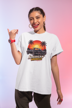 Woman wearing a white t-shirt with 'American Muscle' graphic design on a gradient background