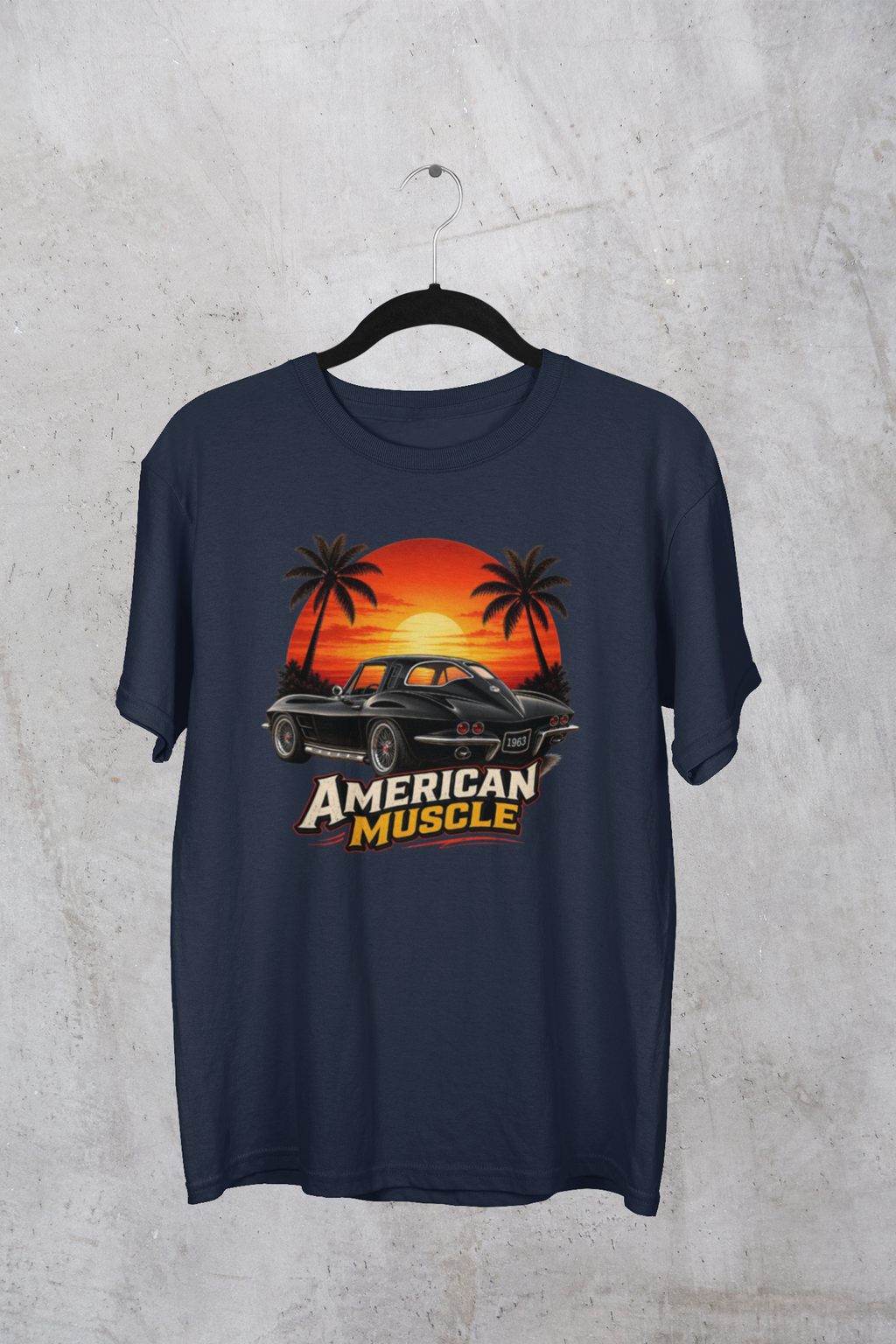 Navy blue t-shirt with 'American Muscle' graphic on a hanger against a textured gray background