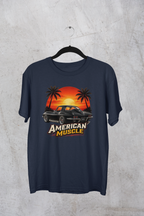 Navy blue t-shirt with 'American Muscle' graphic on a hanger against a textured gray background