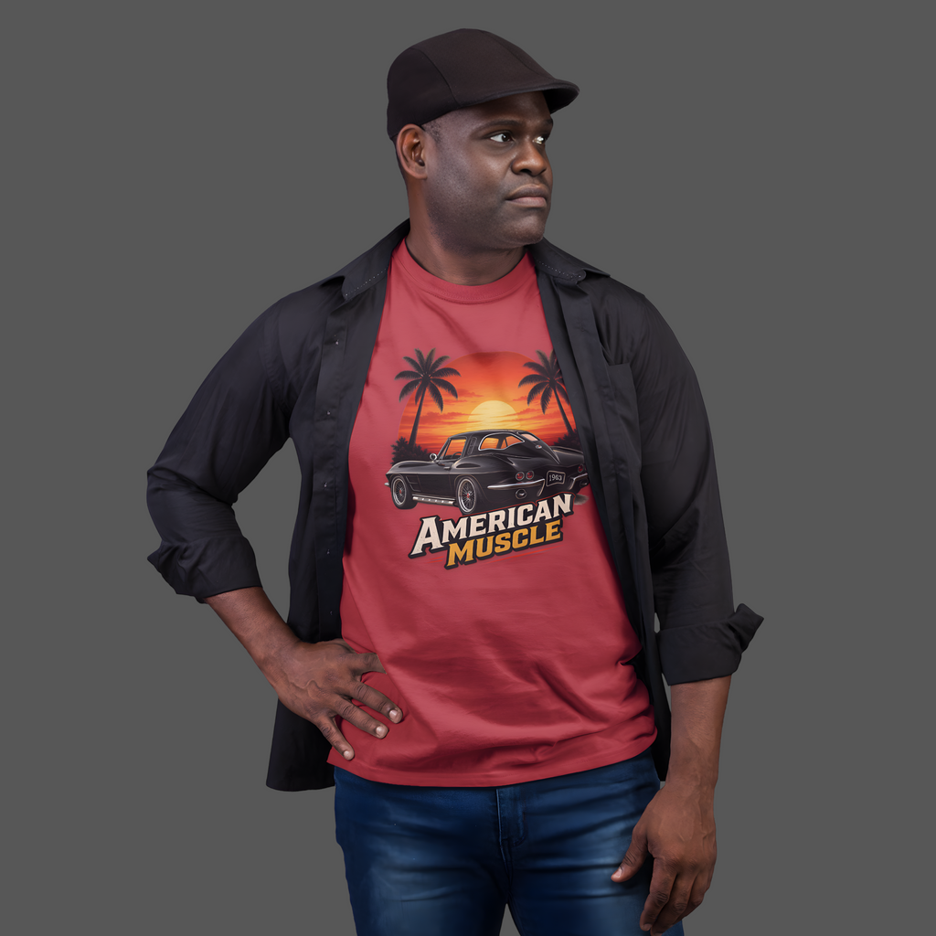 Man wearing a red t-shirt with 'American Muscle' graphic design on a gray background