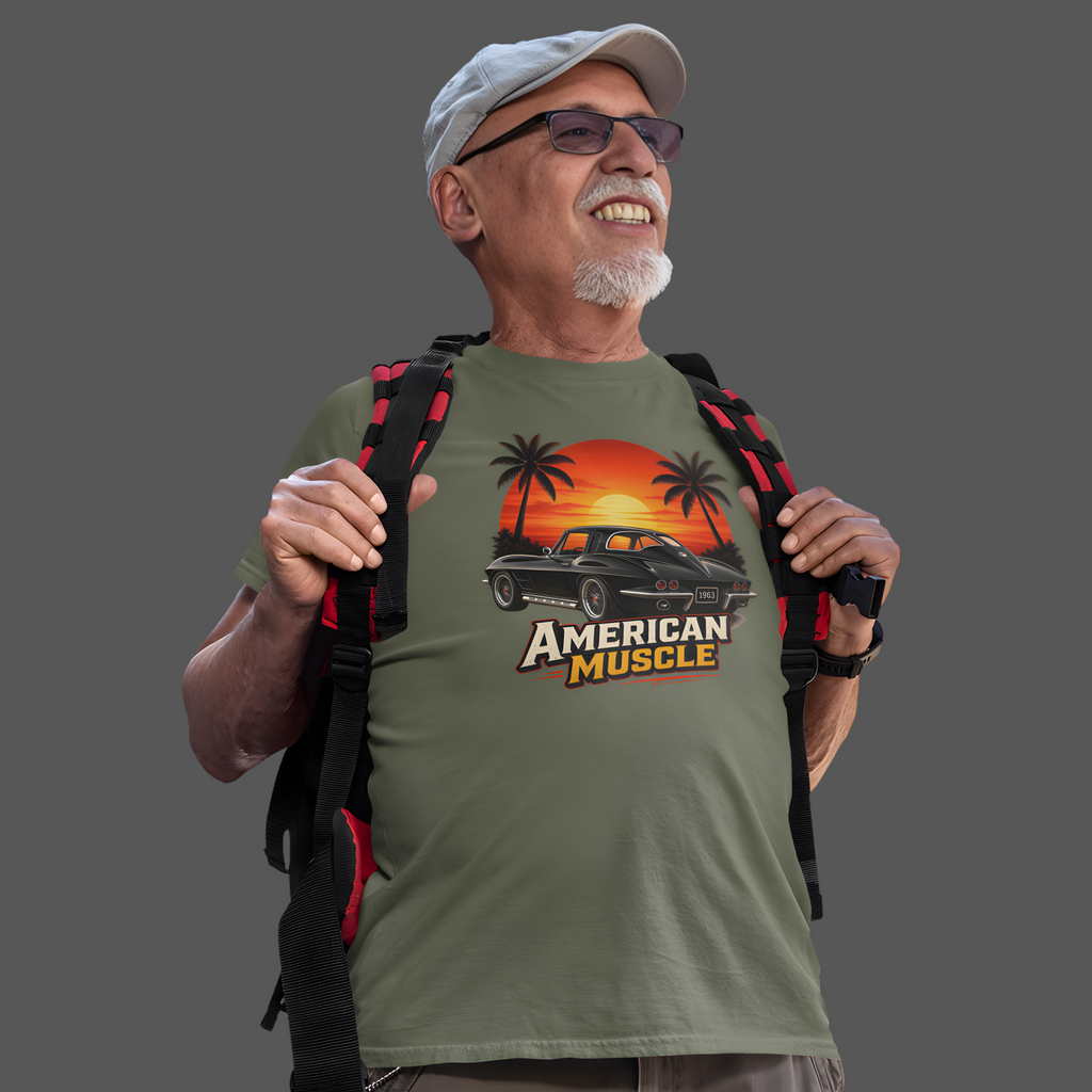 Man wearing a military green t-shirt with 'American Muscle' graphic and holding a backpack on a gray background