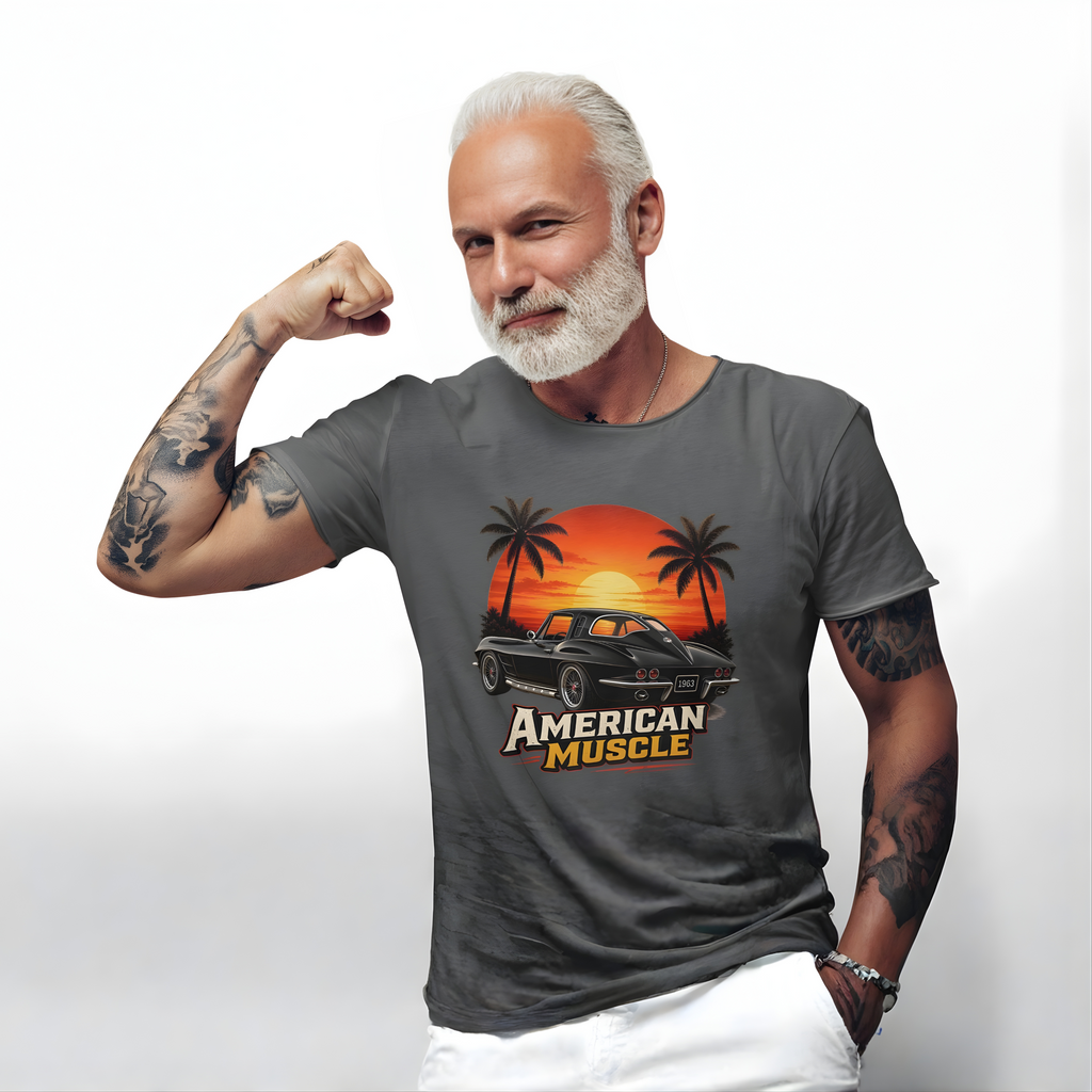 Man wearing a gray t-shirt with 'American Muscle' design flexing his arm on a white background
