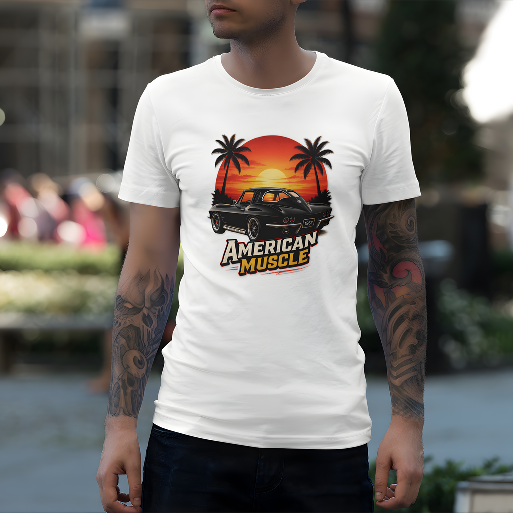 Man wearing a white t-shirt with 'American Muscle' graphic design.