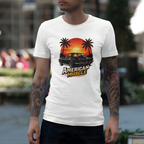 Man wearing a white t-shirt with 'American Muscle' graphic design.