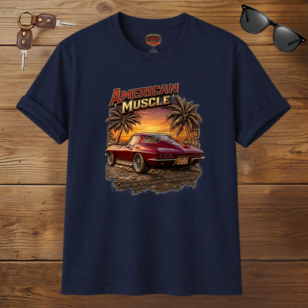 Navy blue t-shirt with 'American Muscle' graphic design featuring a red car and palm trees on a wooden background.