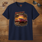 Navy blue t-shirt with 'American Muscle' graphic design featuring a red car and palm trees on a wooden background.