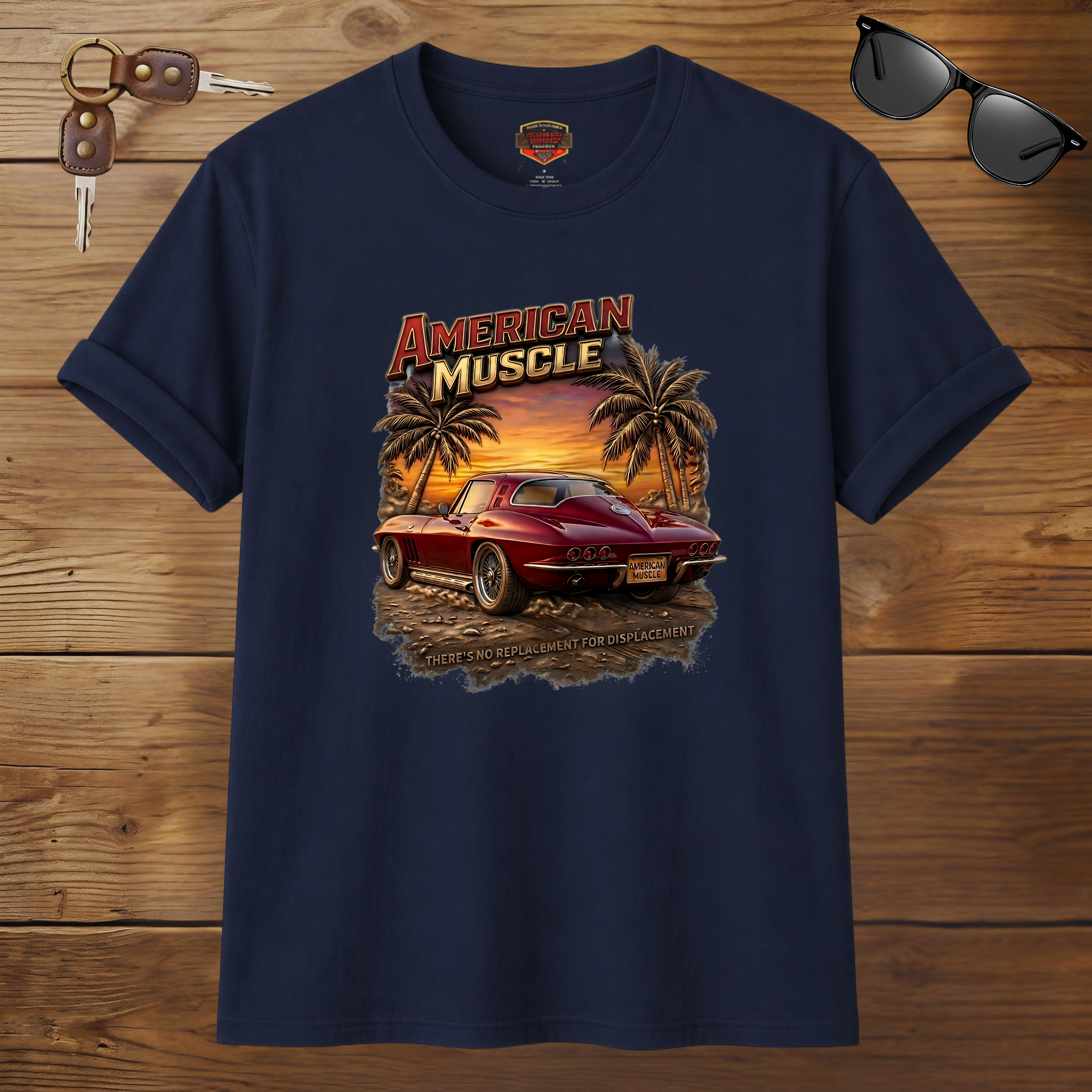 Navy blue t-shirt with 'American Muscle' graphic design featuring a red car and palm trees on a wooden background.