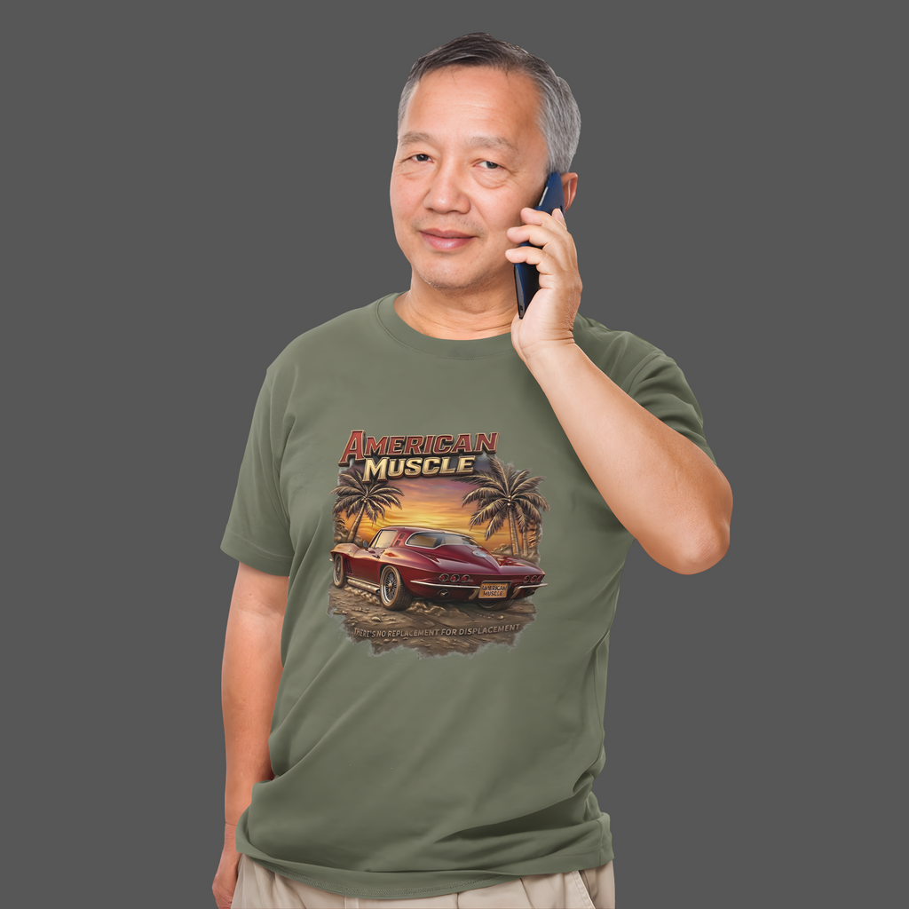 Man wearing a military green t-shirt with 'American Muscle' graphic design on a gray background
