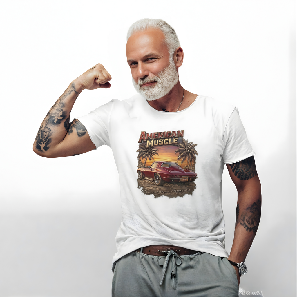 Man wearing a white t-shirt with 'American Muscle' graphic design, flexing his arm on a plain background