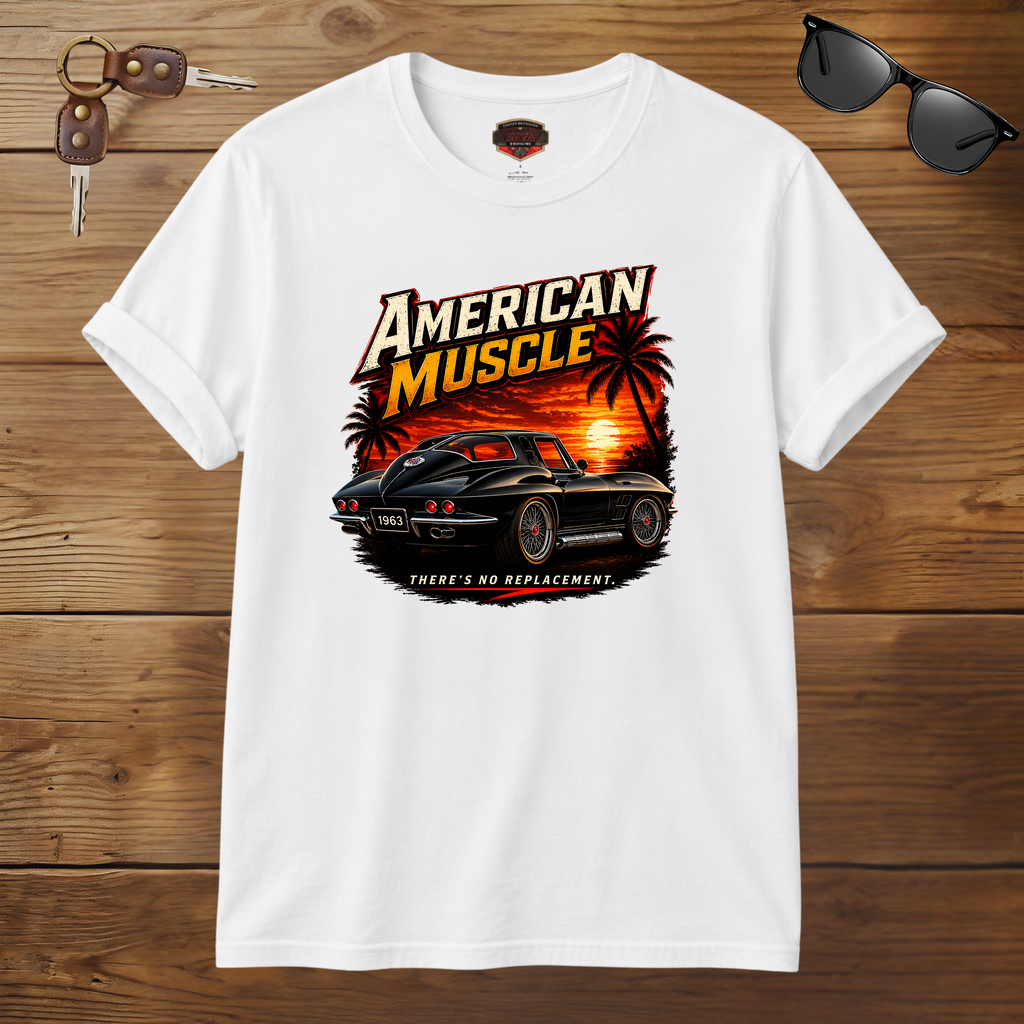 White t-shirt with 'American Muscle' graphic design on a wooden surface with sunglasses and car keys.