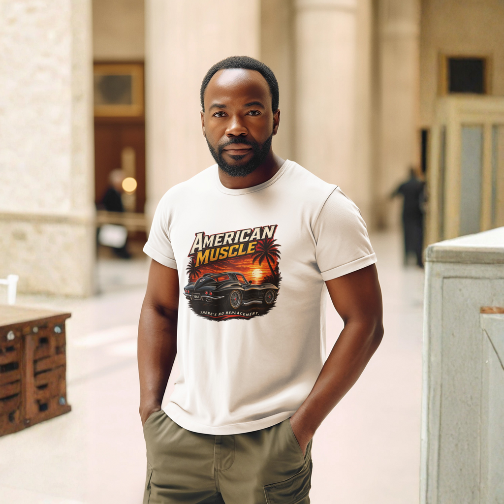 Man wearing a white t-shirt with an 'American Muscle' car graphic design in an indoor setting.