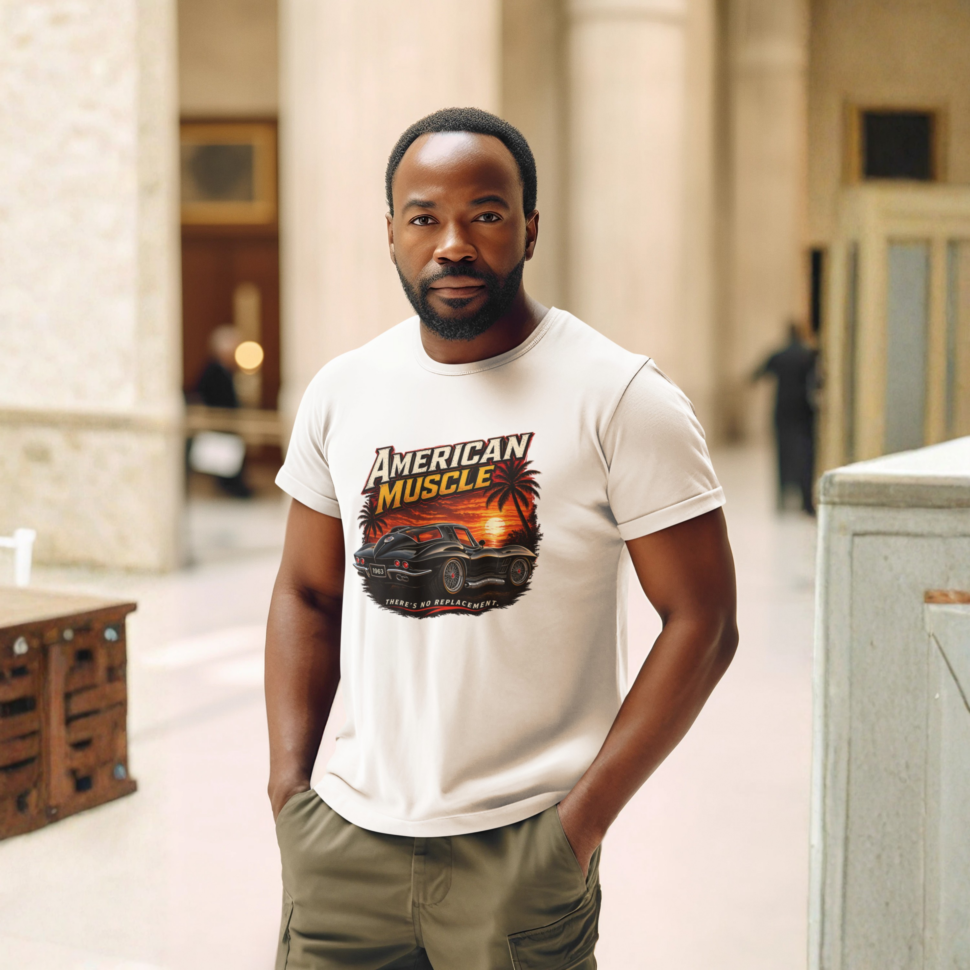 Man wearing a white t-shirt with an 'American Muscle' car graphic design in an indoor setting.
