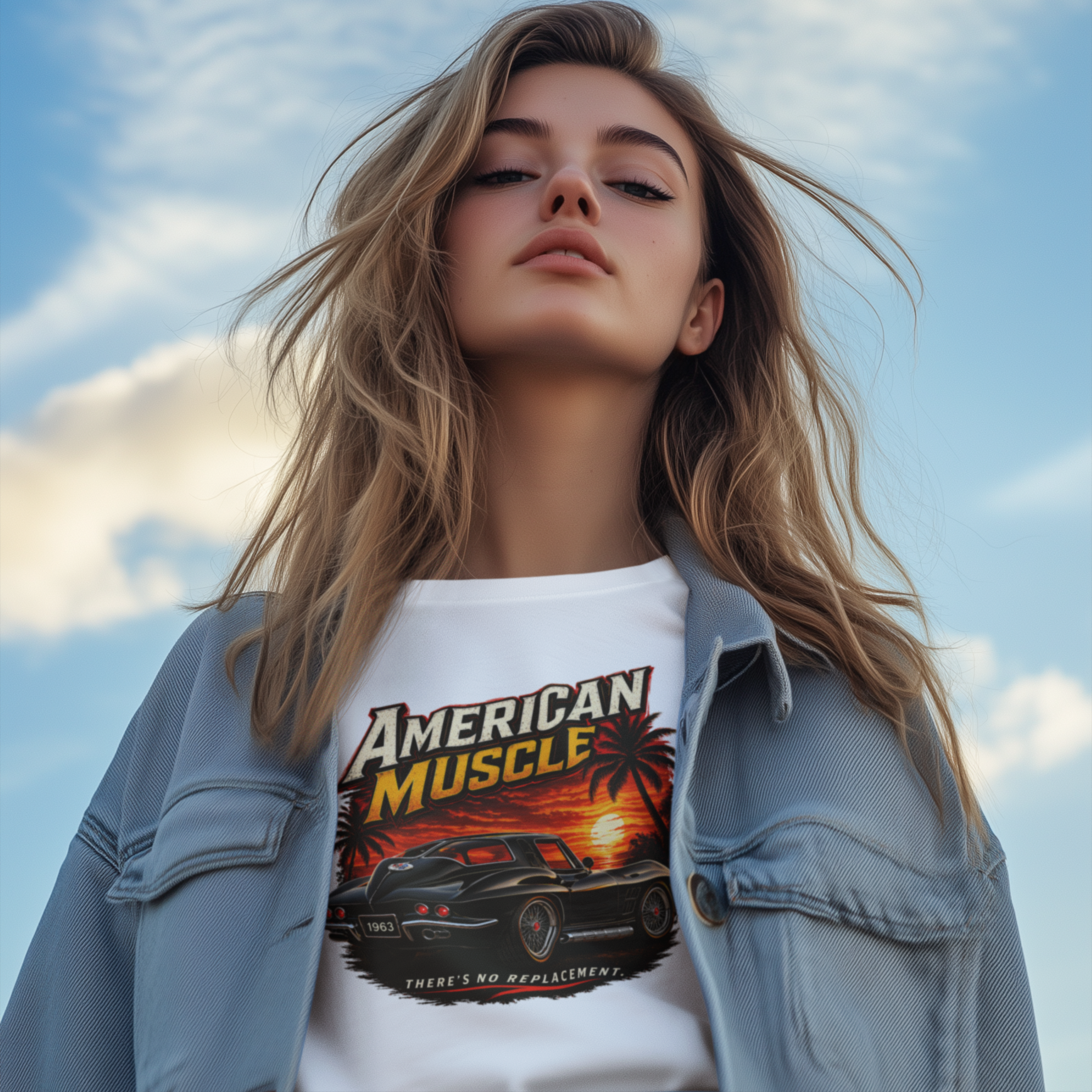 Woman wearing a white t-shirt with an 'American Muscle' graphic against a blue sky.