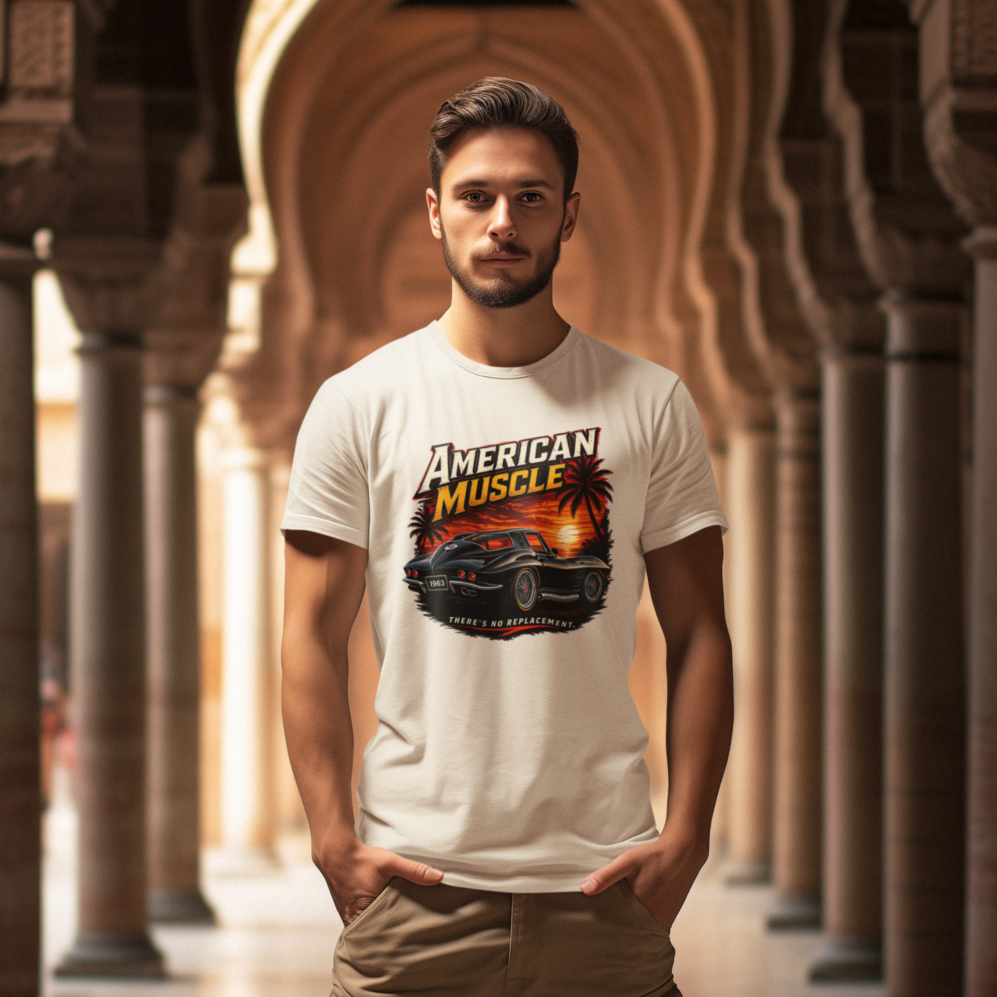 Man wearing a natural t-shirt with 'American Muscle' car graphic design in an arched hallway.