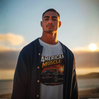 Man wearing an 'American Muscle' car t-shirt with a sunset background