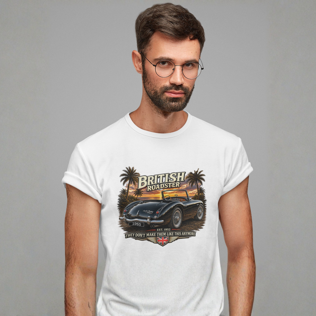 Man wearing a white t-shirt with a graphic design of a British roadster car on a gray background