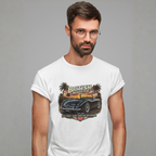 Man wearing a white t-shirt with a graphic design of a British roadster car on a gray background