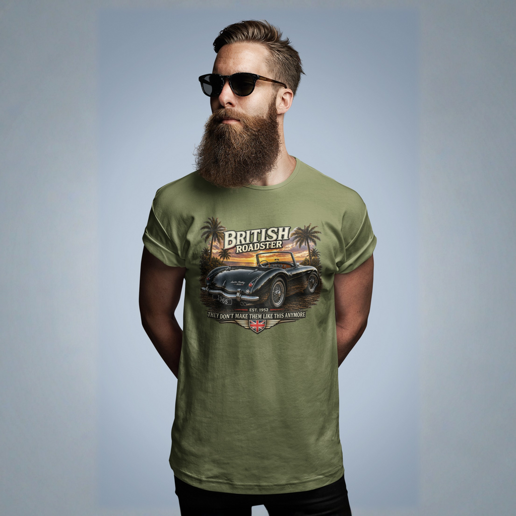 Man wearing a military green t-shirt with a car graphic and text against a light blue background