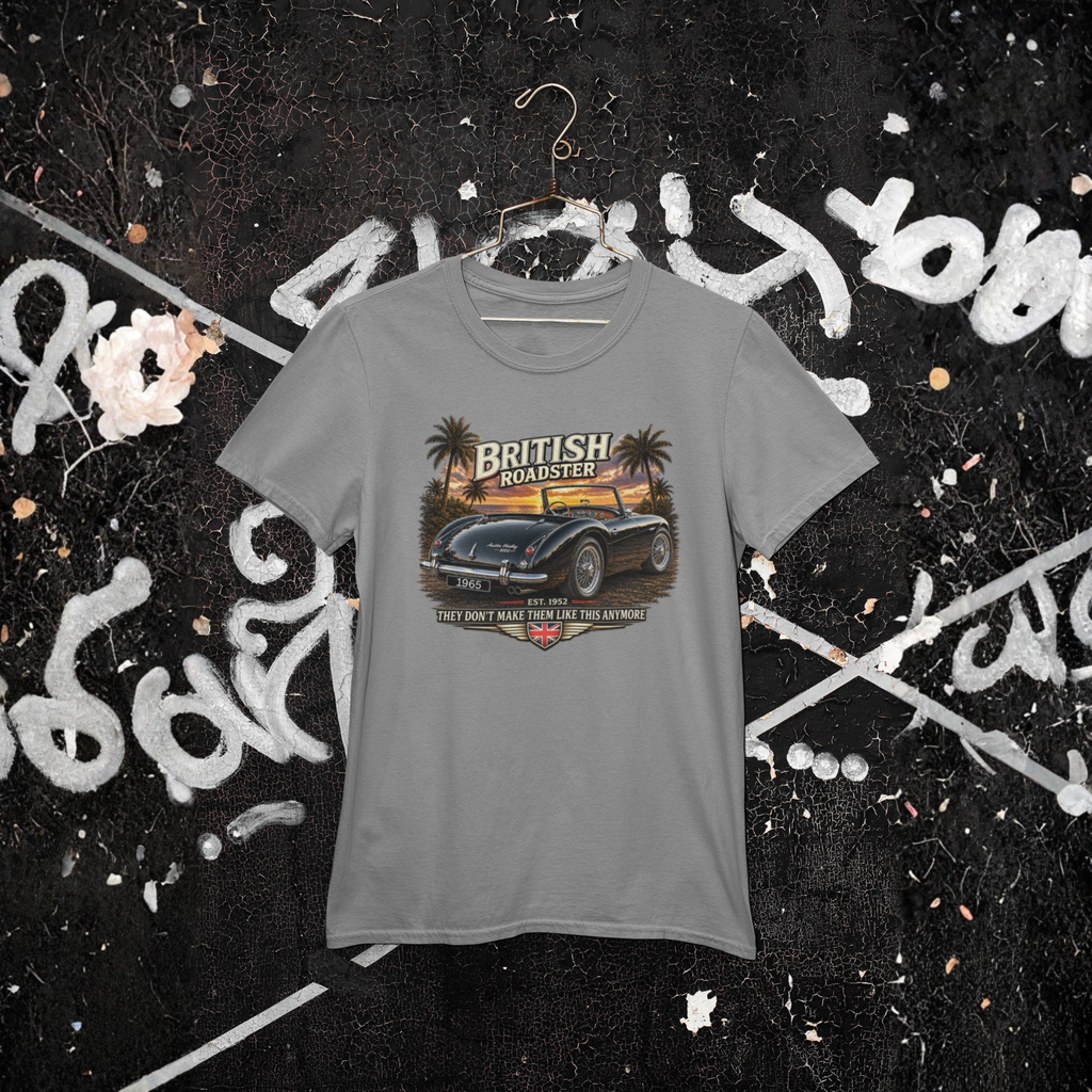 Gray t-shirt with a car graphic and 'British Roadster' text on a graffiti-covered wall background