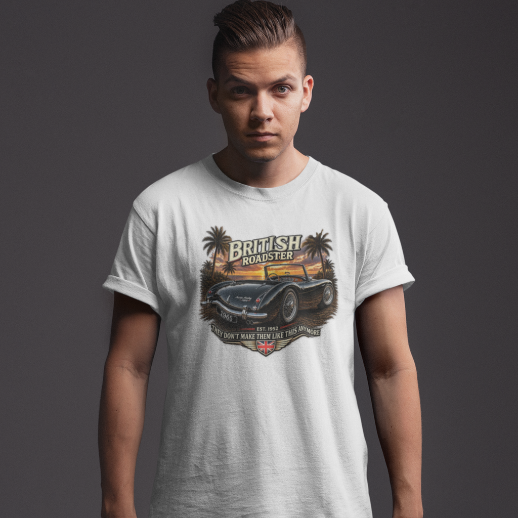 Man wearing a white t-shirt with a graphic design of a vintage car and text.