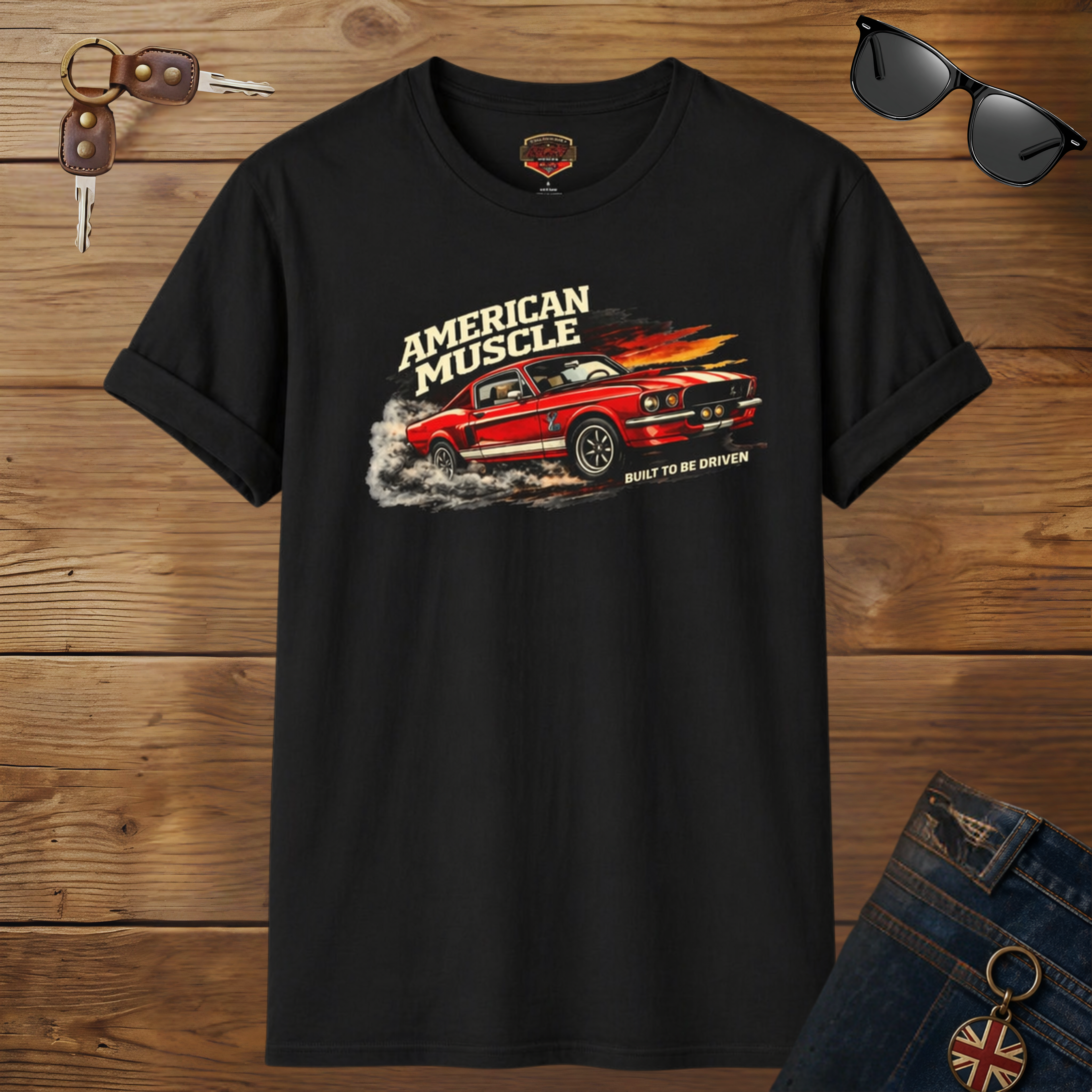 Black t-shirt with red muscle car graphic and 'American Muscle' text on a wooden surface.