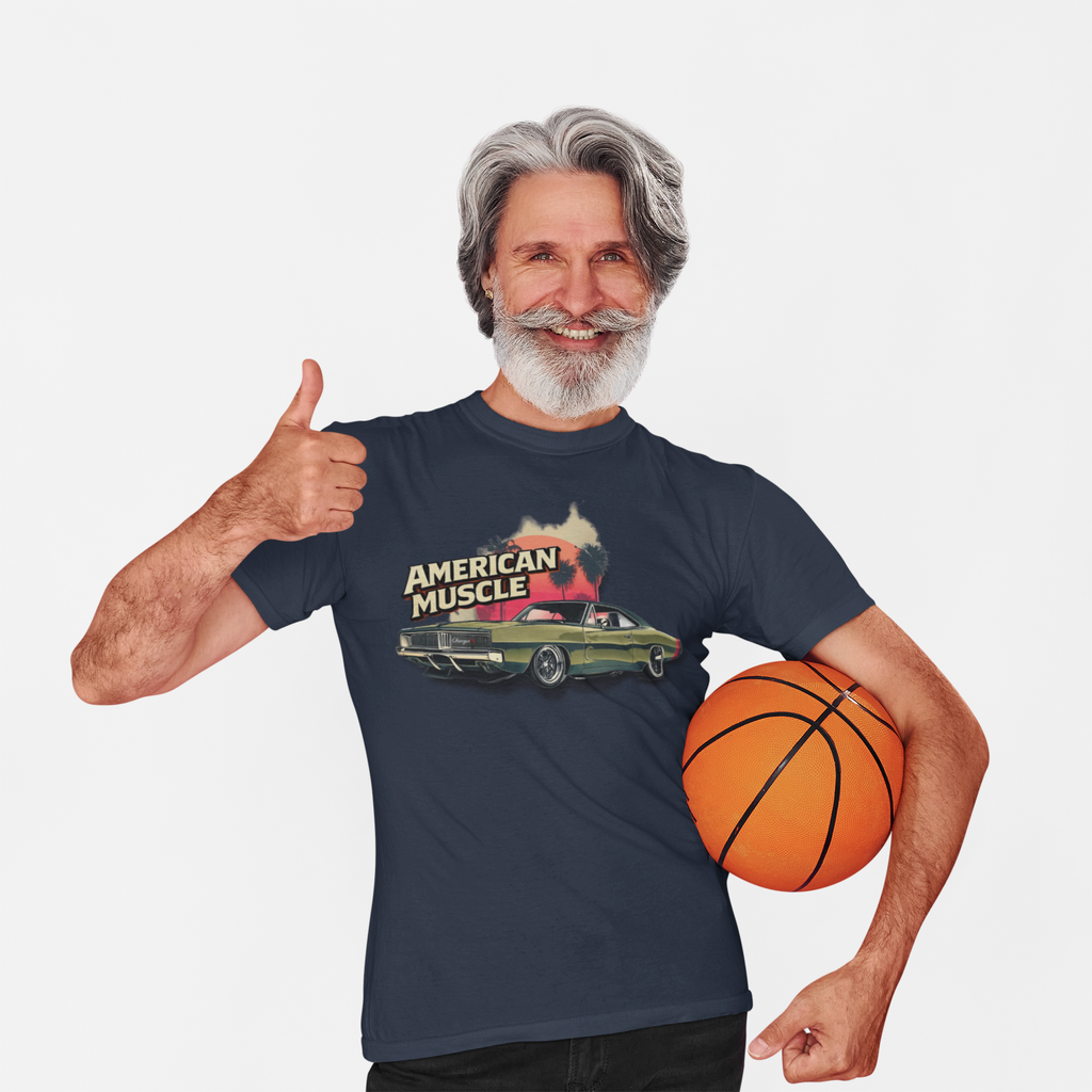 Man wearing a navy blue t-shirt with 'American Muscle' graphic design, holding a basketball.