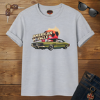 Sport gray t-shirt with 'American Muscle' car graphic on a wooden surface with sunglasses and keys.