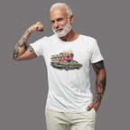 Man wearing a white t-shirt with 'American Muscle' graphic, flexing his arm on a gray background