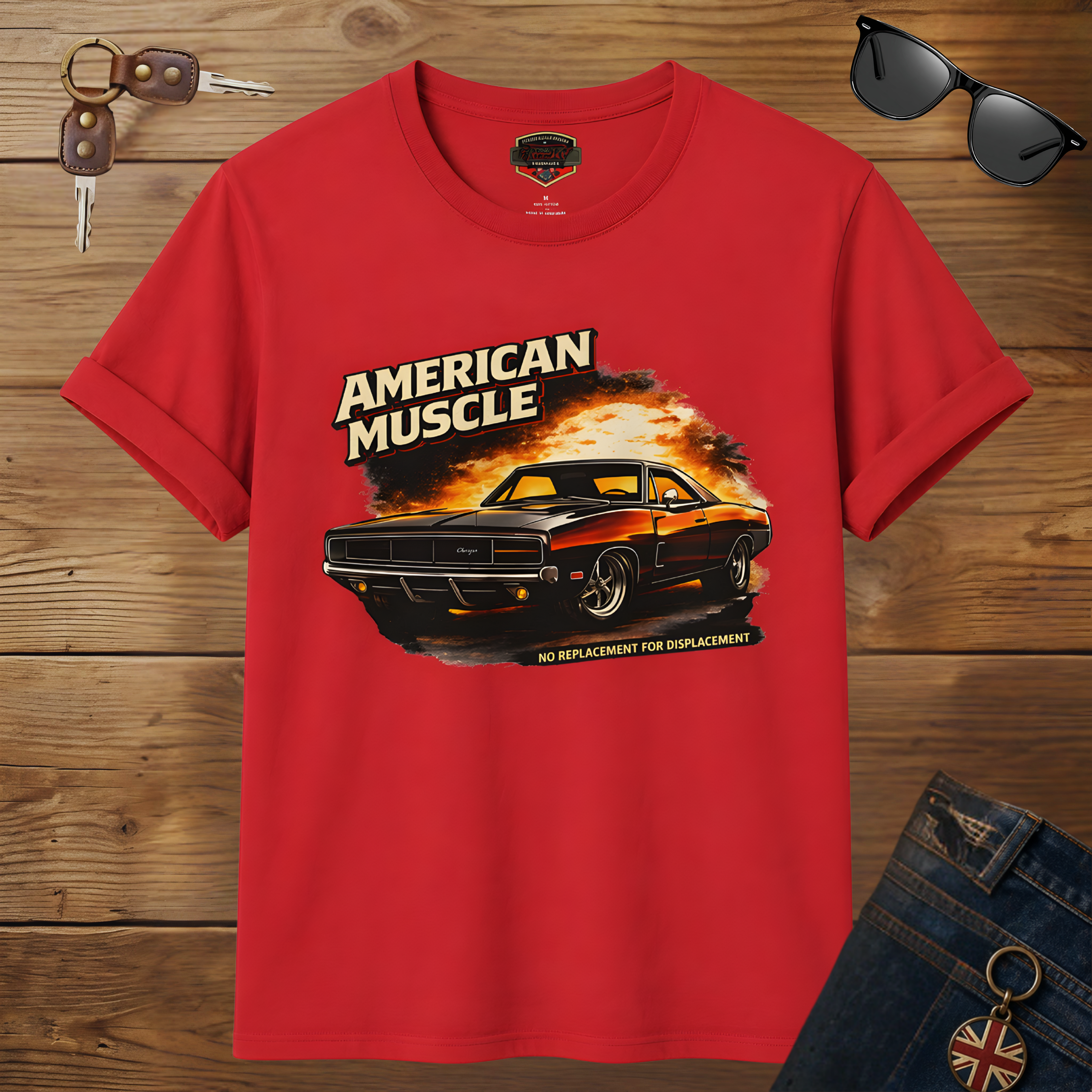 Red t-shirt with 'American Muscle' graphic on a wooden surface with sunglasses and keys.