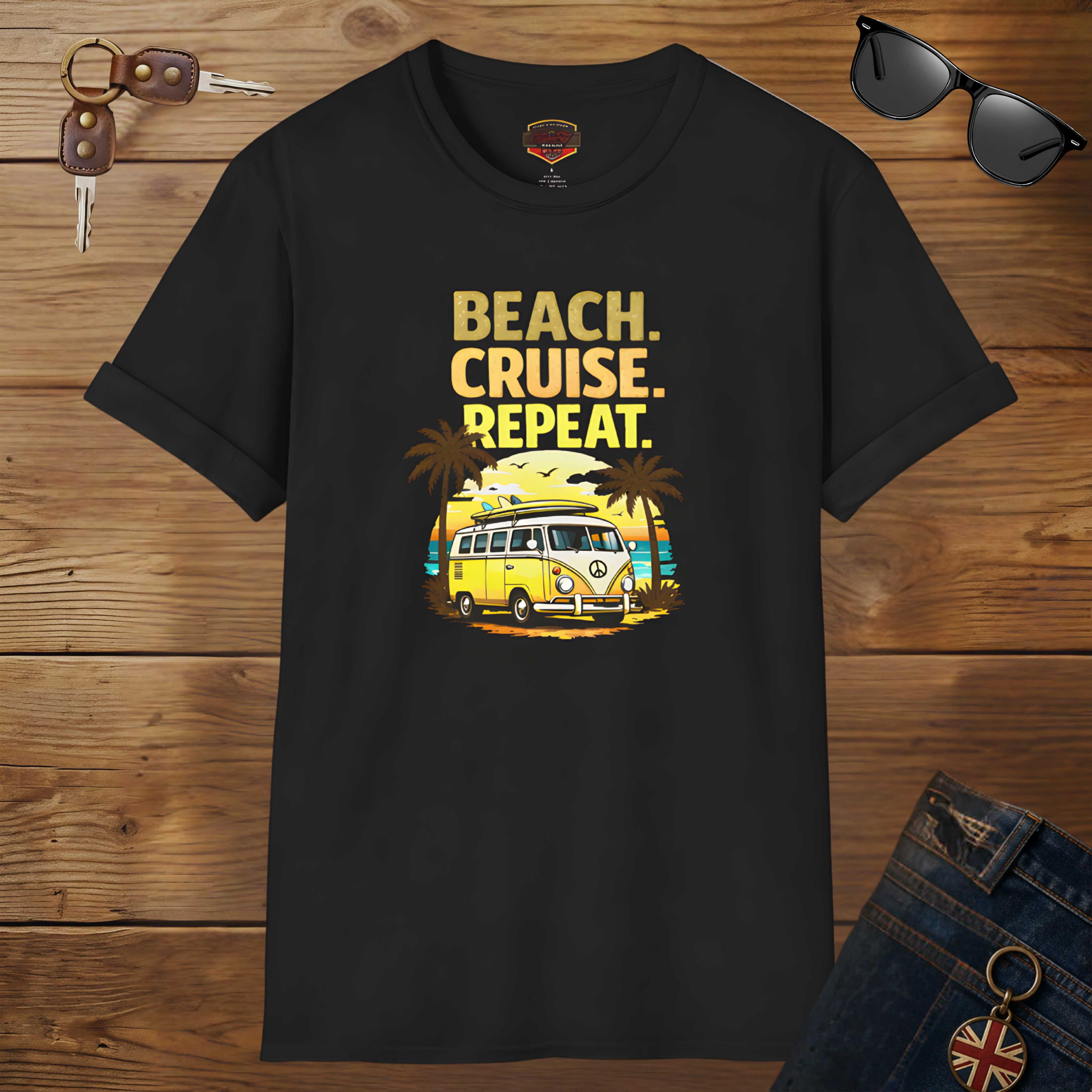 Beach Cruise Repeat Tee - Retro Palm Sunset Shirt