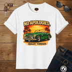 White t-shirt with a green classic car graphic and 'No Apologies' text on a wooden surface.