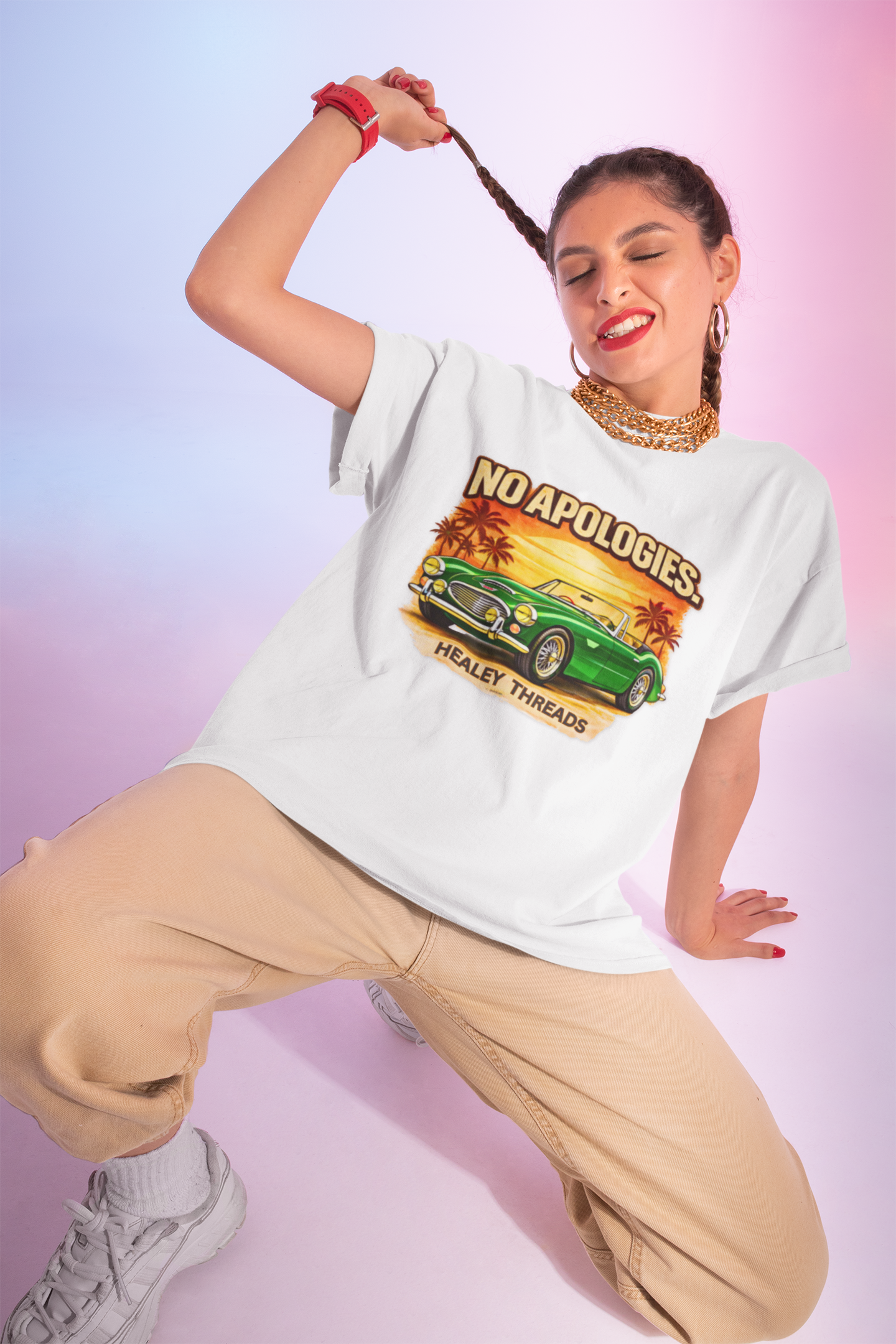 Woman wearing a white t-shirt with a classic car graphic design and text, posing against a gradient background.