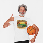 Man wearing a white t-shirt with a classic car graphic design, giving a thumbs up and holding a basketball.