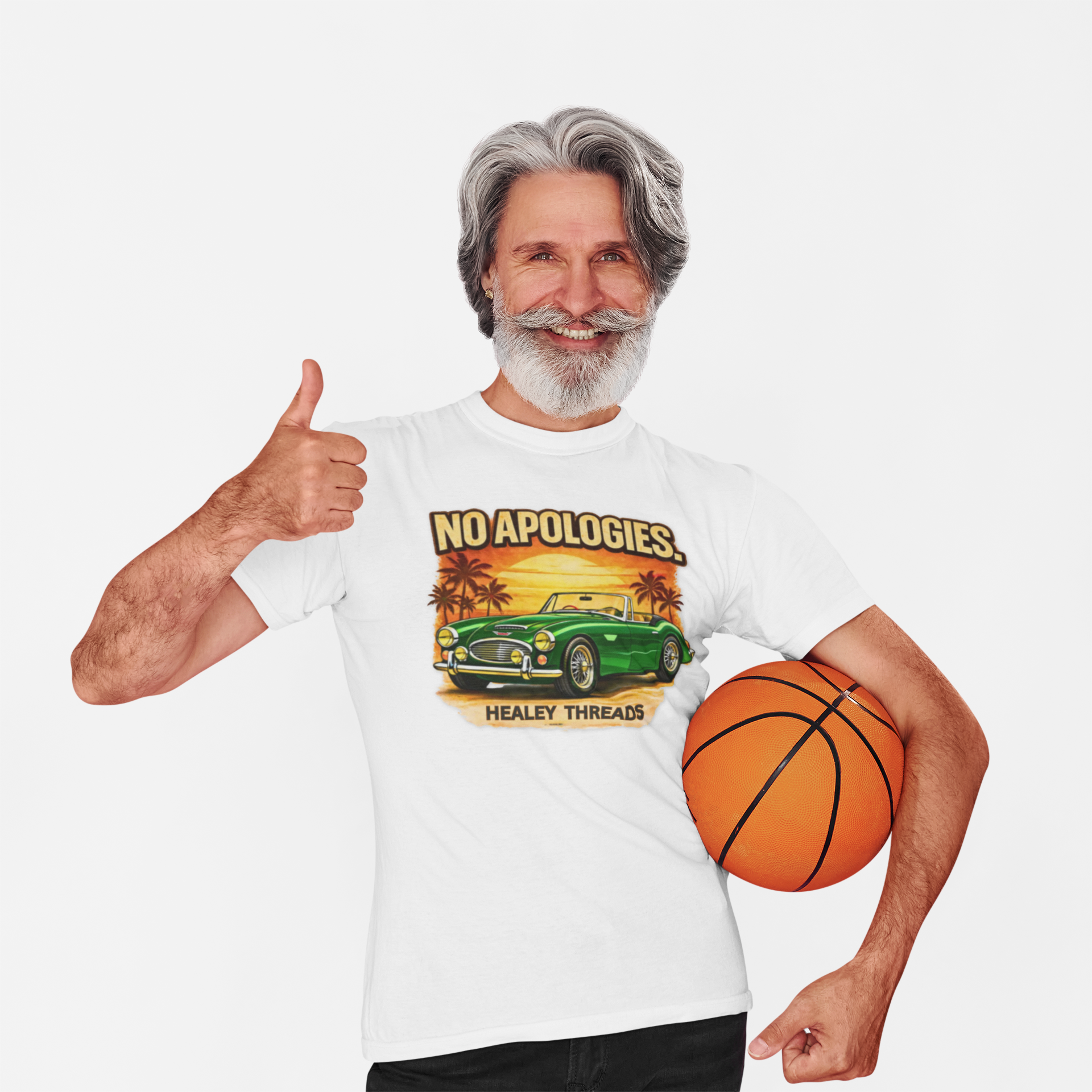 Man wearing a white t-shirt with a classic car graphic design, giving a thumbs up and holding a basketball.