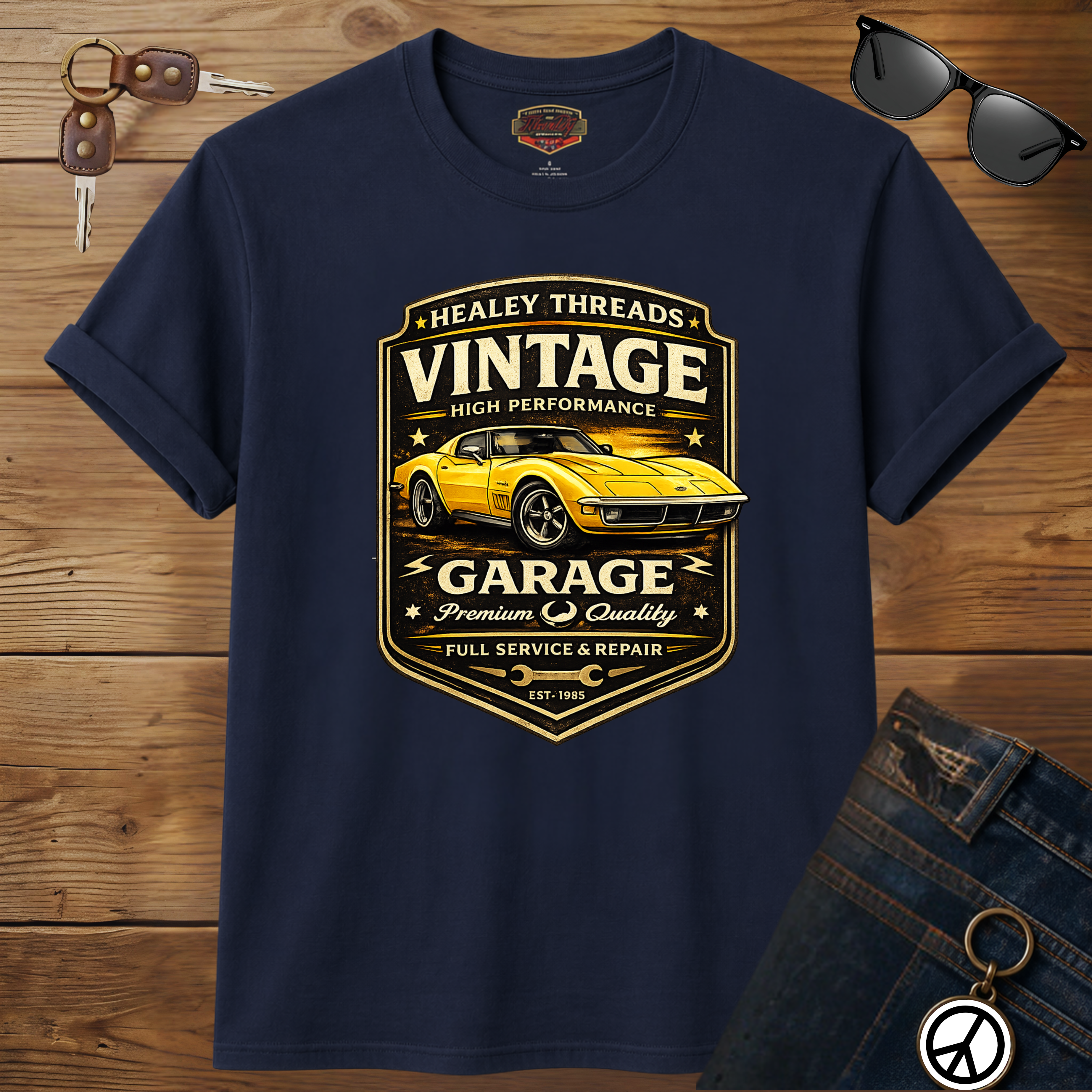 Navy blue t-shirt with vintage classic car graphic on a wooden surface with sunglasses and keys.
