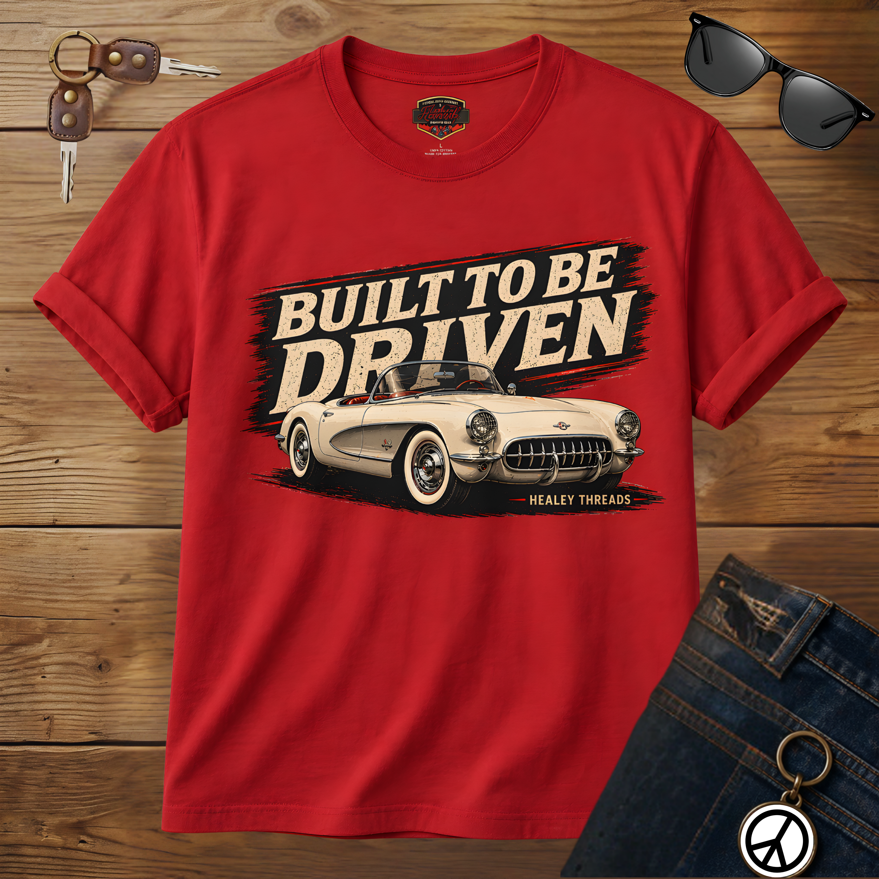 Red t-shirt with 'Built to be Driven' graphic on a wooden surface with sunglasses and keys.