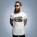 Man wearing a white t-shirt with a vintage car graphic design and text against a gray background
